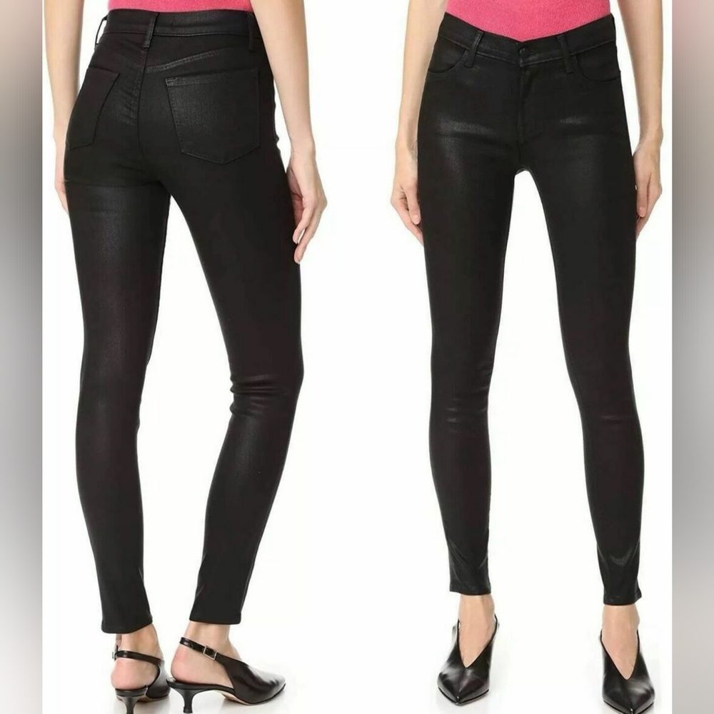 J Brand black wax coated mid rise super skinny jeans fearless sz 26